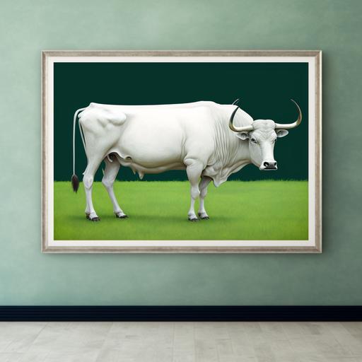 aggressive muscular indian white color ox full body acrylic painting frame, ox standing horizontally, straight neck, looking staright, standing on green grass --seed 15000