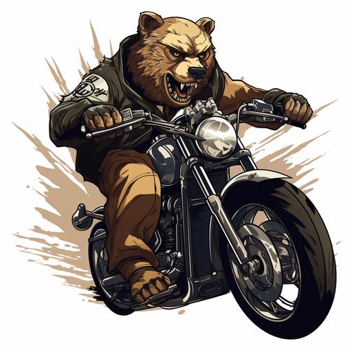 agressive grizzly bear riding a sport bike anime art style solid white background no shadow