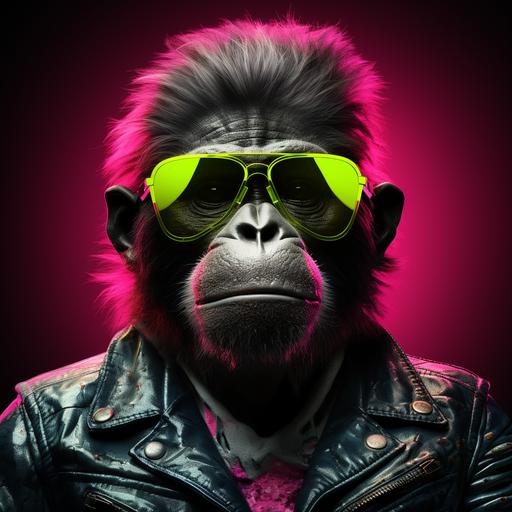 A rocker monkey depicted in a retro neon style. The image features a monkey with a confident attitude and iconic rock style. His fur is represented in vibrant colors such as hot pink, fluorescent yellow and neon green, with details that create a luminous effect. The monkey wears dark sunglasses and wears a black leather jacket with silver studs, conveying a rebellious and cool look. In the background, retro elements, such as neon lines and geometric shapes, add a touch of nostalgia and 80s style. The art is executed in a style reminiscent of rock concert posters from that era, with bold strokes and striking contours. This representation of the rocker monkey in a retro neon style brings an energetic and playful atmosphere to the image,8K