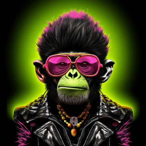 A rocker monkey depicted in a retro neon style. The image features a monkey with a confident attitude and iconic rock style. His fur is represented in vibrant colors such as hot pink, fluorescent yellow and neon green, with details that create a luminous effect. The monkey wears dark sunglasses and wears a black leather jacket with silver studs, conveying a rebellious and cool look. In the background, retro elements, such as neon lines and geometric shapes, add a touch of nostalgia and 80s style. The art is executed in a style reminiscent of rock concert posters from that era, with bold strokes and striking contours. This representation of the rocker monkey in a retro neon style brings an energetic and playful atmosphere to the image,8K