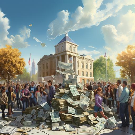 A stack of cash with a college campus in the background, photorealistic, small crowd of college students starting to surround it