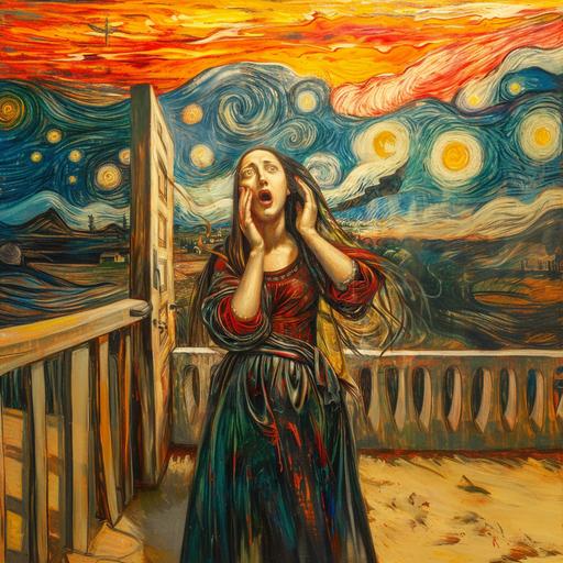 An space opera oil painting of Leonardo da Vincis Mona Lisa standing at a fence with her hands covering her ears. Her mouth is wide open. The painting has the style of Edward Munch´s painting Skriet --sref  --v 6.0 --style raw --s 800 --w 2000 --c 90