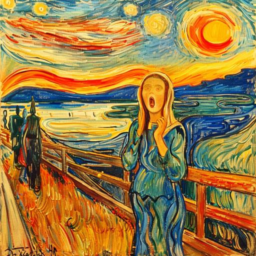 An space opera oil painting of Leonardo da Vincis Mona Lisa standing at a fence with her hands covering her ears. Her mouth is wide open. The painting has the style of Edward Munch´s painting Skriet --sref  --v 6.0 --style raw