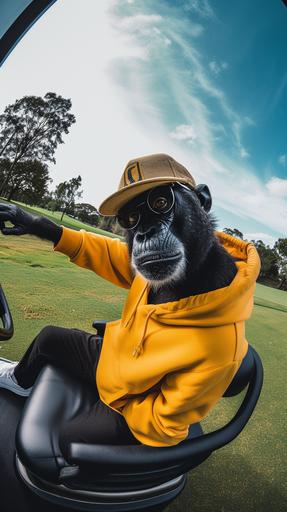 Photo stills, Facial fisheye lens, Black Macaque, with golf club, lively street fashion on golf course, Ride in a golf cart,BucketHat,yellow Hoodie, white trainers, surreal animal golf fashion, --ar 9:16 --v 6.0 --s 50 --style raw