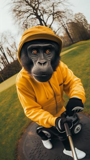 Photo stills, Facial fisheye lens, Black Macaque, with golf club, lively street fashion on golf course, Ride in a golf cart,BucketHat,yellow Hoodie, white trainers, surreal animal golf fashion, --ar 9:16 --v 6.0 --s 50 --style raw