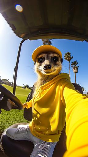 Photo stills, Facial fisheye lens,Meerkat with golf club, lively street fashion on golf course, Ride in a golf cart,BucketHat,yellow Hoodie, white trainers, surreal animal golf fashion, --ar 9:16 --v 6.0 --s 50 --style raw