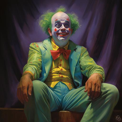 a balding clown with a white painted face, with blueish green hair, with curly hair on the top and sides, with a devious smile, a purple polo shirt, blueish green bow tie, lime green pants, and red long clown shoes, and white gloves, on a stage, in the style of realism