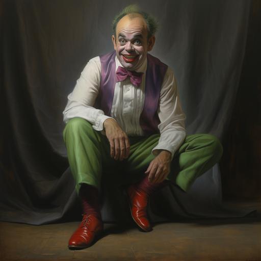 a balding clown with a white painted face, with blueish green hair, with curly hair on the top and sides, with a devious smile, a purple polo shirt, blueish green bow tie, lime green pants, and red long clown shoes, and white gloves, on a stage, in the style of realism