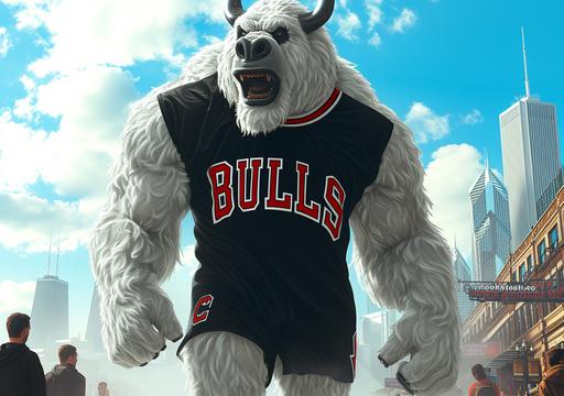a giant modern fluffy white yeti making an advertisement for Chicago Bulls infront of stadium wearing Chicago Bulls merchandising, underground art by ChrisWaikikiAI --ar 99:70 --v 6.0 --s 750