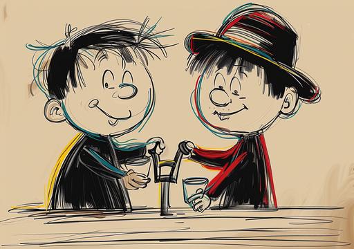 a naive and simple drawing of a thin Stan Laurel and thick Oliver Hardy sitting at the chinese restaurant and doing funny things with their pilaf bowls, coloring page for children, bold thick lines, simple, continuous line art style, black noir film still, drawn in the style of a child with crayons, with simple lines, colorful, with a simple background, art by ChrisWaikikiAI --ar 99:70 --v 6.0 --s 750