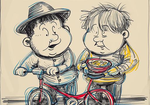 a naive and simple drawing of a thin Stan Laurel and thick Oliver Hardy sitting at the chinese restaurant and doing funny things with their pilaf bowls, coloring page for children, bold thick lines, simple, continuous line art style, black noir film still, drawn in the style of a child with crayons, with simple lines, colorful, with a simple background, art by ChrisWaikikiAI --ar 99:70 --v 6.0 --s 750