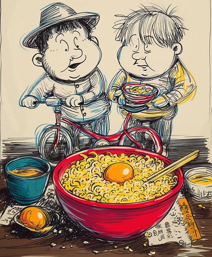 a naive and simple drawing of a thin Stan Laurel and thick Oliver Hardy sitting at the chinese restaurant and doing funny things with their pilaf bowls, coloring page for children, bold thick lines, simple, continuous line art style, black noir film still, drawn in the style of a child with crayons, with simple lines, colorful, with a simple background, art by ChrisWaikikiAI --v 6.0 --s 750 --ar 62:75