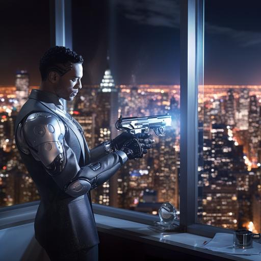 a shape-shifting cyborg pointing a futuristic gun at a camera inside a new york city apartment with views of the new york skyline at night