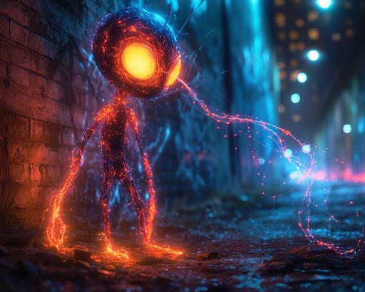 alien war pixar style cartoon but made for adults of a skinny thug creature spraying graffiti string at a wall string laser artwork out of neon silk glow worm thread, light artwork, 3d rendering, octane render, virtual darkness, artful sacred geometry, art by ChrisWaikikiAI --s 850 --ar 5:4 --v 6.0
