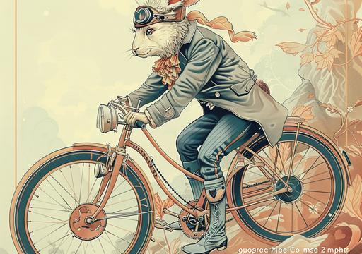 anthropmorph bunny hipster in ancient art deco clothing driving bicycle old penny-farthing up a steep mountain, advertisement shot, vogue cover, WLOP art by ChrisWaikikiAI --ar 99:70 --v 6.0 --s 750 --sref