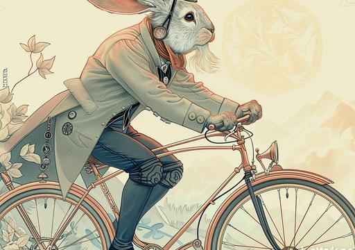 anthropmorph bunny hipster in ancient art deco clothing driving bicycle old penny-farthing up a steep mountain, advertisement shot, vogue cover, WLOP art by ChrisWaikikiAI --ar 99:70 --v 6.0 --s 750 --sref