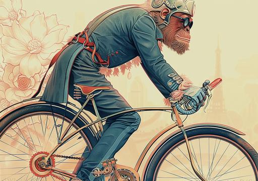 anthropmorph chimpanse hipster in ancient art deco clothing driving bicycle old penny-farthing up a steep mountain, advertisement shot, vogue cover, WLOP art by ChrisWaikikiAI --ar 99:70 --v 6.0 --s 750 --sref