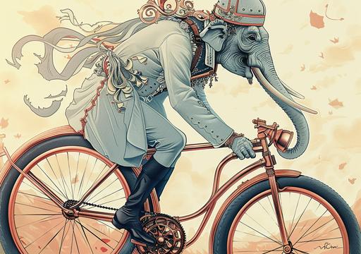 anthropmorph elephant hipster in ancient art deco clothing driving bicycle old penny-farthing up a steep mountain, advertisement shot, vogue cover, WLOP art by ChrisWaikikiAI --ar 99:70 --v 6.0 --s 750 --sref