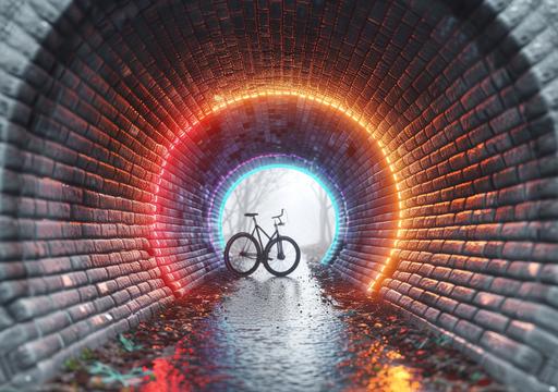 at the end of the tunnel there is a glowing bright giant crystal cave, large silhouette bicycle, colorful Rene Magritte, surrealistic light, art by ChrisWaikikiAI --ar 99:70 --v 6.0 --s 750 --sref