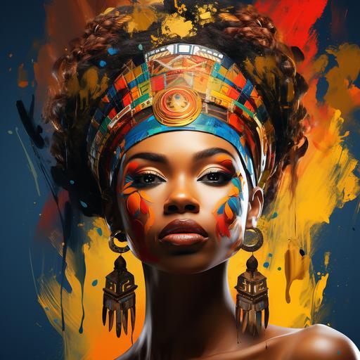 beautiful African queen her crown with paint strokes. Dramatic colors, vibrant and bright - Image #3 @Songa1