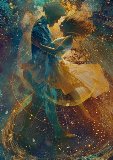 celestial space opera dance, graceful celestial beings twirl gracefully, amidst a galaxy of stars, elegant crop circles meets cosmic wonder, serene and otherworldly, soft, shimmering light cascades, art by Maxfield Parrish, art by ChrisWaikikiAI --ar 70:99 --v 6.0 --s 750