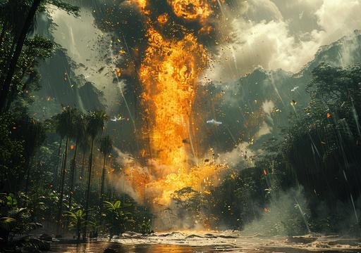 close up, details, meteor impact in the mangroveian forests, debries, flying trees, splashing water, drone view, action, atomic cloud, cinematic war scene, art by ChrisWaikikiAI --ar 99:70 --v 6.0 --s 750