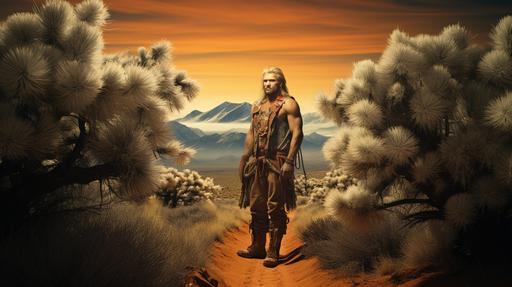coniferous indian summer huge mister universe handsome muscled blond barbarian holding O'Keefe flowers under coniferous, boots, Lippmann process historical color tintype of Alfred Russell Wallace among the valley of fire outside Las Vegas, masterpiece of photography, cinematic, sharpened, 32k, art by ChrisWaikikiAI --s 200 --w 5 --c 5 --ar 16:9