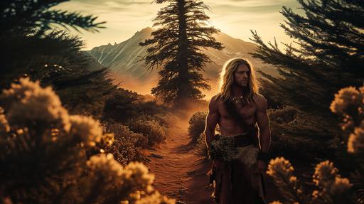 coniferous indian summer, portrait of huge mister universe handsome muscled blond barbarian holding O'Keefe flowers under coniferous, boots, beautiful trees, Lippmann process historical color tintype of Alfred Russell Wallace among the valley of fire outside Las Vegas, masterpiece of photography, cinematic, sharpened, 32k, art by ChrisWaikikiAI --s 200 --w 5 --c 5 --ar 16:9 --v 6.0