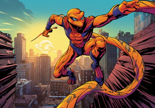 digital comic, superhero salamander climbing through cityscape salamander character, vibrant superhero, digitally drawn comic book cityscape, long snake tongue, salamander striking superhero costume with bold colors, leap from the screen, graphic lines with bright colors, high-contrast environment, accentuates the amphibian superhero's presence, blend digital comic 3d art stunning full energy and heroism art by ChrisWaikikiAI --ar 99:70