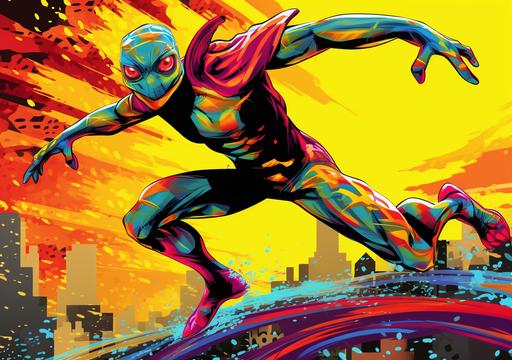 digital graffiti art, superhero salamander climbing through cityscape salamander character, vibrant superhero, digitally drawn comic book cityscape, long snake tongue, salamander striking superhero costume with bold colors, leap from the screen, graphic lines with bright colors, high-contrast environment, accentuates the amphibian superhero's presence, blend digital comic 3d art stunning full energy and heroism art by ChrisWaikikiAI --ar 99:70