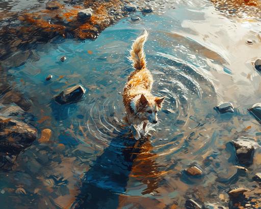 dog running after his own furry tail in a little circle looking at his tail, drone view directly from above, art by ChrisWaikikiAI --s 200 --w 5 --c 5 --ar 5:4 --v 6.0