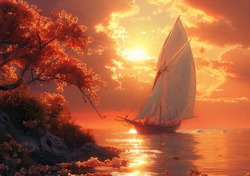 dramatic giant dendrobium sailboat made of dandrobium blossum sailing into the sun, art by ChrisWaikikiAI --ar 99:70 --v 6.0 --s 750