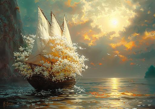 dramatic giant dendrobium sailboat made of dandrobium blossum sailing into the sun, art by ChrisWaikikiAI --ar 99:70 --v 6.0 --s 750