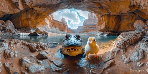 equirectangular photograph inside a baby crocodile farm, crocodiles all over, single yellow fluffy cute chicken, amphibian crocodile hunting with open mouth showing many teeth, monument valley, colorado river, dramatic cinematic, art by ChrisWaikikiAI --ar 2:1 --tile --v 6.0 --s 750
