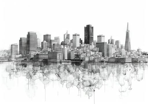 fractal batik alcohol ink coloring book, highly detailed collage of San Francisco landmarks and buildings, 3D, densely stacked, pilaf cartoon, black and white, photorealistic, intricate, line art, vector outlines, art by ChrisWaikikiAI --ar 99:70 --v 6.0 --s 750