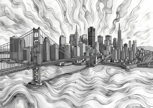 fractal pilaf batik alcohol ink coloring book, highly detailed collage of San Francisco landmarks and buildings, 3D, densely stacked, cartoon, black and white, photorealistic, intricate, line art, vector outlines, art by ChrisWaikikiAI --ar 99:70 --v 6.0 --s 750