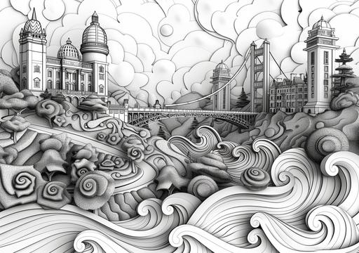 fractal pilaf batik alcohol ink coloring book, highly detailed collage of San Francisco landmarks and buildings, 3D, densely stacked, cartoon, black and white, photorealistic, intricate, line art, vector outlines, art by ChrisWaikikiAI --ar 99:70 --v 6.0 --s 750
