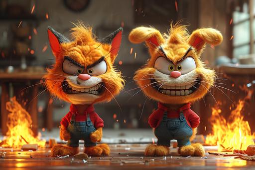 full body poses from head to toes, hot vs cold, extreme hilarious caricature expressions, reacting to temperature, Garfield and Snoopy in a dialogue, playing with burning fire matches, pixar studio, disney characters, wlop, art by ChrisWaikikiAI --ar 3:2 --s 740 --v 6.0