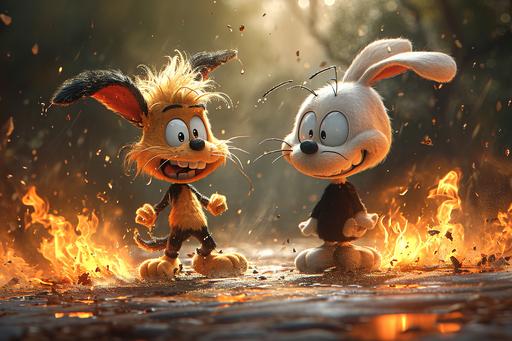 full body poses from head to toes, hot vs cold, extreme hilarious caricature expressions, reaction temperature, garfield and Snoopy in a dialogue, playing with burning fire matches, pixar studio, disney characters, wlop, art by ChrisWaikikiAI --ar 3:2 --s 740 --v 6.0