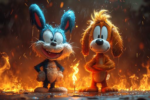 full body poses from head to toes, hot vs cold, extreme hilarious caricature expressions, reacting to temperature, Garfield and Snoopy in a dialogue, playing with burning fire matches, pixar studio, disney characters, wlop, art by ChrisWaikikiAI --ar 3:2 --s 740 --v 6.0