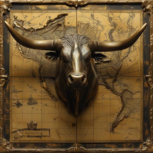 Texas Longhorn bull, art nouveau, marketing catalog, credit bureau, bullion, wealth, map, gold, inspiration great gatsby --s 50 --v 6.0