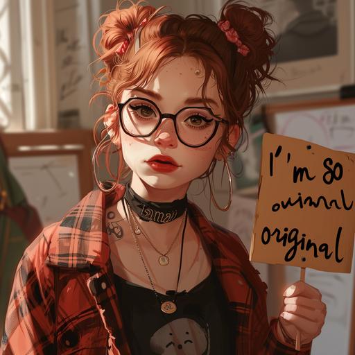 a hipster art student holding a sign that says, 