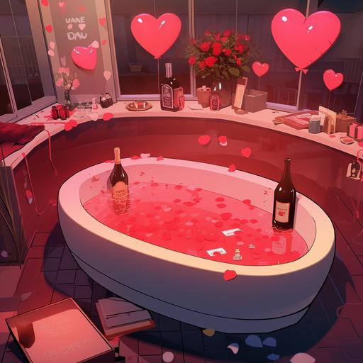 sleazy 70s honeymoon suite hotel room, heart shaped bed, champagne glass bathtub, circular couch, environment --niji 5