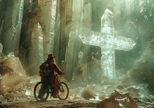 giant crystal cave hall where hairy jesus christ superstar driving through on his bicycle on his way to his neoncore glowing giant cross to hang, wearing red radiant top hat, tiny bicycle, studio lightning photography, fine art wallpaper print, art by ChrisWaikikiAI --ar 99:70 --v 6.0 --s 750