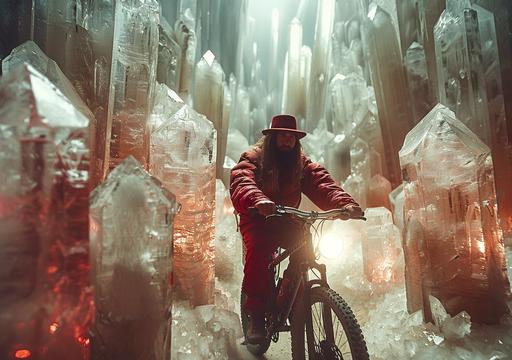 giant crystal cave hall where portrait hairy jesus christ superstar driving through on his bicycle on his way to his neoncore glowing giant cross to hang, wearing red radiant top hat, tiny bicycle, studio lightning photography, fine art wallpaper print, art by ChrisWaikikiAI --ar 99:70 --v 6.0 --s 750