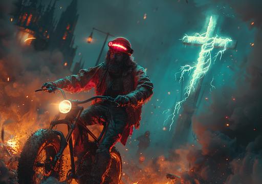 hairy jesus christ superstar conquering a archaeopteryx driving a bicycle on his way to his neoncore glowing giant cross to hang, wearing red radiant top hat, cross, speed, tiny bicycle, studio lightning photography, fine art wallpaper print, art by ChrisWaikikiAI --ar 99:70 --v 6.0 --s 750