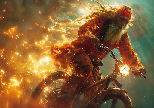 hairy jesus christ superstar conquering a archaeopteryx driving a bicycle on his way to his neoncore glowing giant cross to hang, wearing red radiant top hat, cross, speed, tiny bicycle, studio lightning photography, fine art wallpaper print, art by ChrisWaikikiAI --ar 99:70 --v 6.0 --s 750