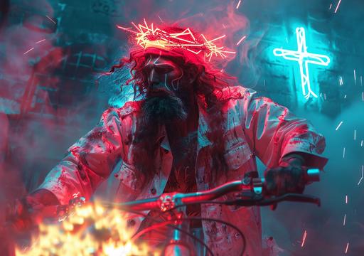 hairy jesus christ superstar conquering a space pirate in an space opera driving a bicycle on his way to his neoncore glowing giant cross to hang, archaeopteryx wearing red radiant top hat, cross, speed, tiny bicycle, studio lightning photography, fine art wallpaper print, art by ChrisWaikikiAI --ar 99:70 --v 6.0 --s 750