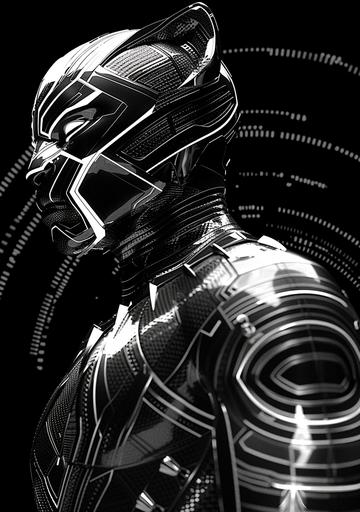 heliosanct sacral space opera luminogram black panther suit logo art by ChrisWaikikiAI --v 6.0 --s 750 --ar 70:99