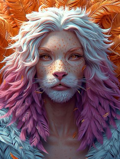 isometric blonde with purple curls vibrant with palm trees and fluffy feathers, modern reflecting sunglasses, sun in the back, art by ChrisWaikikiAI --s 850 --ar 3:4 --v 6.0